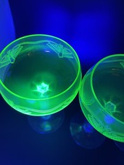Antique ETCHED Yellow Vaseline Uranium Glass Wine Goblet Clear Stem Set Of 3