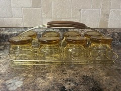 Set of 8 Vintage MCM Harvest Gold Low Ball Glasses w/Goldtone Metal & Wood Caddy