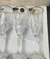 4 Salzburg Cristal De Flandre Champagne 24% Crystal Gold Flutes IOB France Vtg