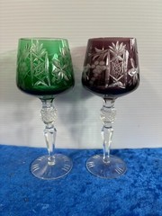 Rare Vintage Pair Bavarian Crystal Green & Purple Cut to Clear Goblets 8.25″