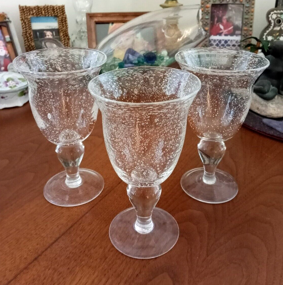 3 Hand Blown Glass STEMMED Water Goblet TROPICAL DRINK Poco Grande ARTSY Bubbles