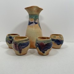Wine Carafe w/ 4 matching cups – Pottery – Drip Glazed – Signed