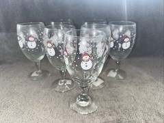 Set 7 Libbey Christmas Snowman Ice Tea Water Glass Stemmed Goblet Snowflakes 7″