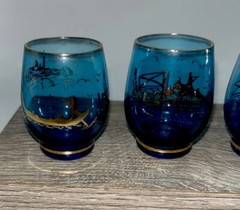 Vintage Venetian Gondola Themed Blue Cordial Glasses 24k Gold Trim Murano?
