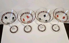 4 Poker Martini Glasses Heart Club Spade Diamond Playing Card Suits Handpainted