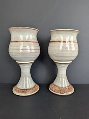 Set of 2 Deneen Pottery Wine Water Goblet Glazed Brown Medieval Earth Style 7 in