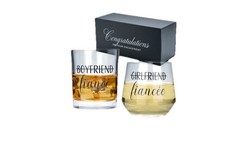 Newlyweds Engagement Gift Boxed Set: Whiskey Glass, Wine Glass, Bottle Stopper