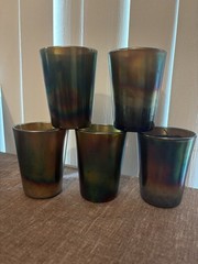 5-Piece Iridescent Carnival Glass Tumbler Set, With Hand Painted Cherries