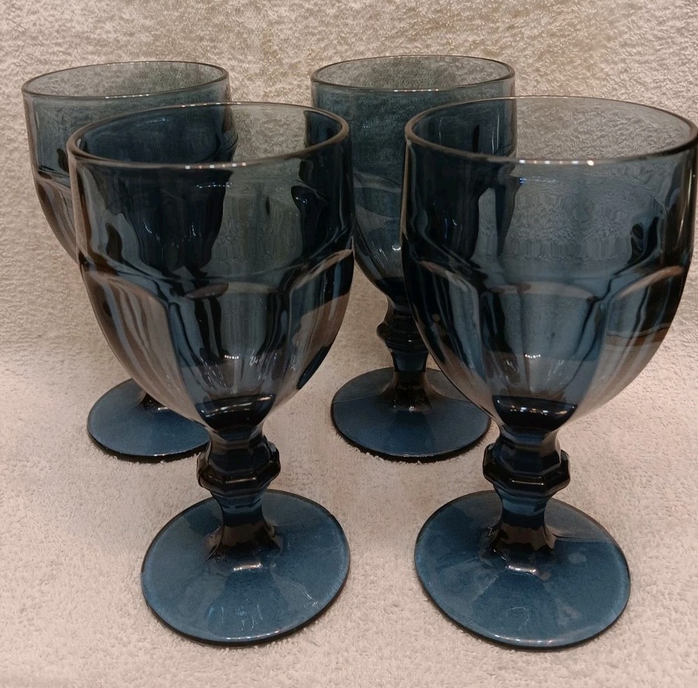 4 Vtg Libbey Gibraltar Dusky Blue Water Goblets Duratuff 7″ Glass Mint Cond.