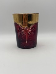 Vintage Ruby Red Cut Glass Tumbler Gold Gilt Rim Starburst Drinking Glass 4”