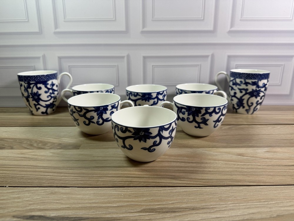 Lauren Ralph Lauren Mandarin Blue Porcelain 6 Tea Cups & 2 Coffee Mugs