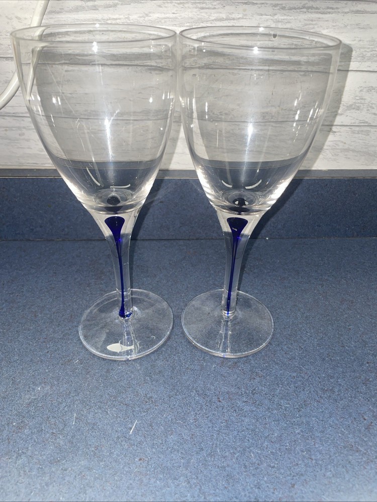 Set of 2 Vintage Water/Wine Glasses 9”16oz Encased Blue Stem Style of Orrefors