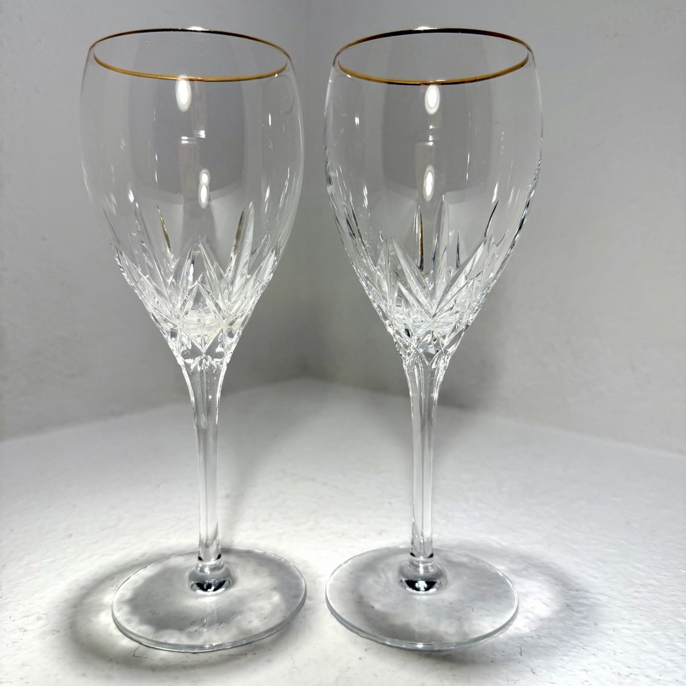 Set of 2 Mikasa Orion Gold Crystal Wine Goblets 7.75″ Gold Rim Vintage EUC