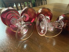 Ruby Red Wine Goblets 4 Hand Painted Gold Scroll Twisted Stem MCM Vintage Italy