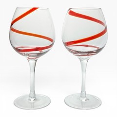 Pier 1 “Swirline, Red” Pair of Balloon Wine Glasses 8 3/4” 22oz