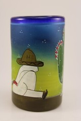 Southwest Cobalt Blown Glass Tumbler Hand Painted Desert Cactus Agave Sombrero