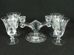 4 Tiffin CHEROKEE ROSE 5 5/8″ Footed Tumblers 8 oz & Candlestick Rare
