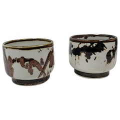 Vtg Set 2 Louis Mideke Studio Pottery Splatter Glaze Oriental Asian Inspired Cup