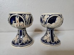 Vintage German Pottery Set Of 2 Wine Goblets Numbered With 4 Castle Scene READ