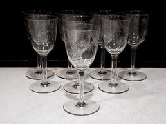 SET OF 8- Vintage Cut Crystal Flower and Leaves 6 3/4″ Tall Wine Glass Goblets