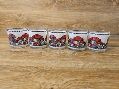 Vintage Mid Century Mushroom Glasses Set Of 5: Atomic Red Toadstool Barware