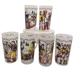 Vintage Federal Glass Christmas Cultural Traditions Frosted Tumbler Glasses Set