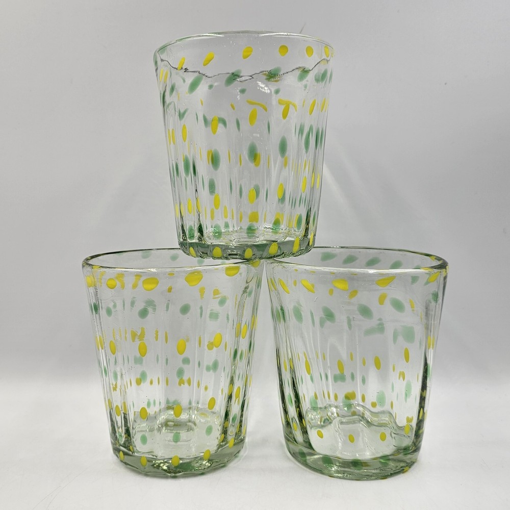 Hand Blown Art Glass Spotted Polka Dot Whiskey Old Fashioned Tumblers Set of 3