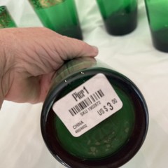 6 Pier 1 Flat Tumblers P1C73 Green Blown Glass 4.75” Gold Accent RETIRED