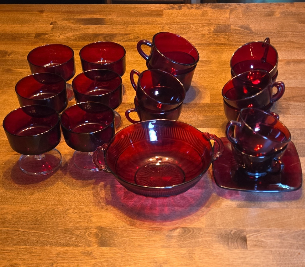 Ruby Red Glass Drinkware Set Footed Glasses Cups & Handled Bowl Clear Glass