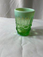 2 Mosser Glass Eye Winker Aqua Opal 4″ Tumblers Opalescent Green Juice Set