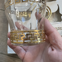 Greek Key Continental Coffee Cup/Mug by Libbey 60s Art Deco Gold Metal Set of 7