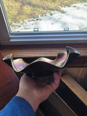 Pretty Dugan Purple Carnival Glass Four Flowers Two Sides Up Banana Bowl