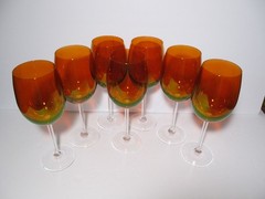 Amber Orange Clear Stem Set of 7 Wine / Water Crystal Luster Goblets 8-1/2” Tall