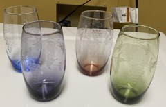 4 Vintage Drinking Glasses with Etched Grape Vines Pink Purple Blue Green 5.75″