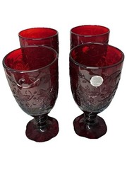 4 Vintage Princess House FANTASIA RUBY RED Water Goblets Iced Tea 7″ Floral VTG