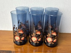 6 Vintage Libbey Franco Tumblers Bolero Blue 6.5” Drinking Glasses with Poppies