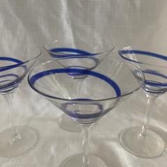 Lot Of 4 Pier 1 SWIRLINE Martini Art Glass Cobalt Blue Swirl Stemware Mouthblown