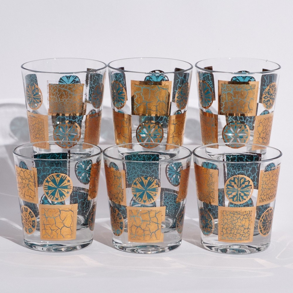 Vintage 1960s Culver Carnival Short Glasses Turquoise 22K Gold MCM Barware Set 6
