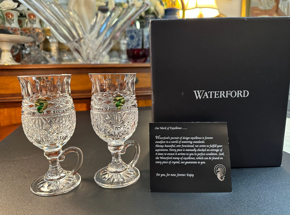 RARE Pair of Stunning WATERFORD CRYSTAL Book of Kells 6.5″H Irish Coffee Glasses