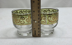 Culver 22K Gold And Green Toledo Pattern MCM Low Ball Glasses Set of 2 Signed