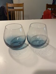 Pier 1 Teal Stemless Crackle Bottom Wine Glasses Set Of 2 16 oz EUC Retired