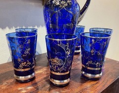Gorgeous vintage Venetian or Murano-style cobalt blue lemonade/water set- Italy