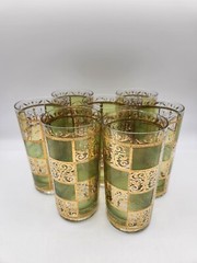 Culver Prado Green Gold High Ball Vintage Drinking Glasses Tumblers Set of 7 MCM