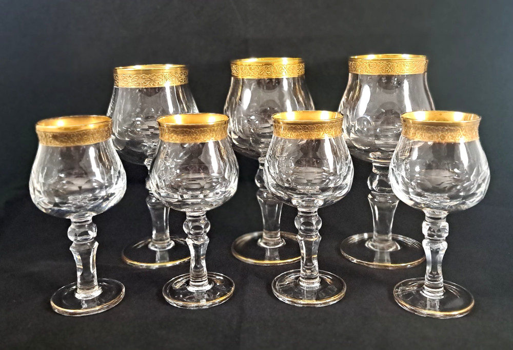 Murano Gold Trimmed (3) Wine & (4) Sherry Glasses Liquor Italian Barware