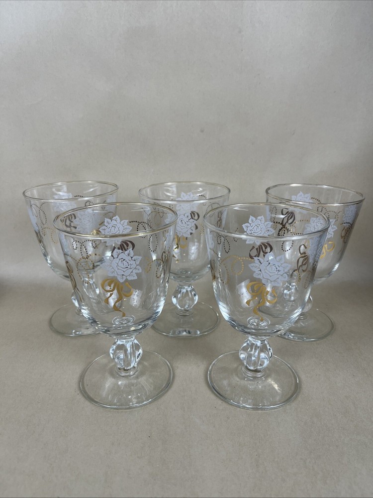 Set of 5 Linnet Goblet Gold Bow & Rim Frosted Flowers Bubble Stem Base 5.5″
