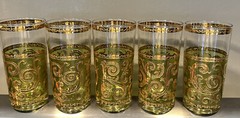 Vtg Culver MCM Baroque High Ball Tumblers 22K Gold 5 Scroll Olive Green 5.5″