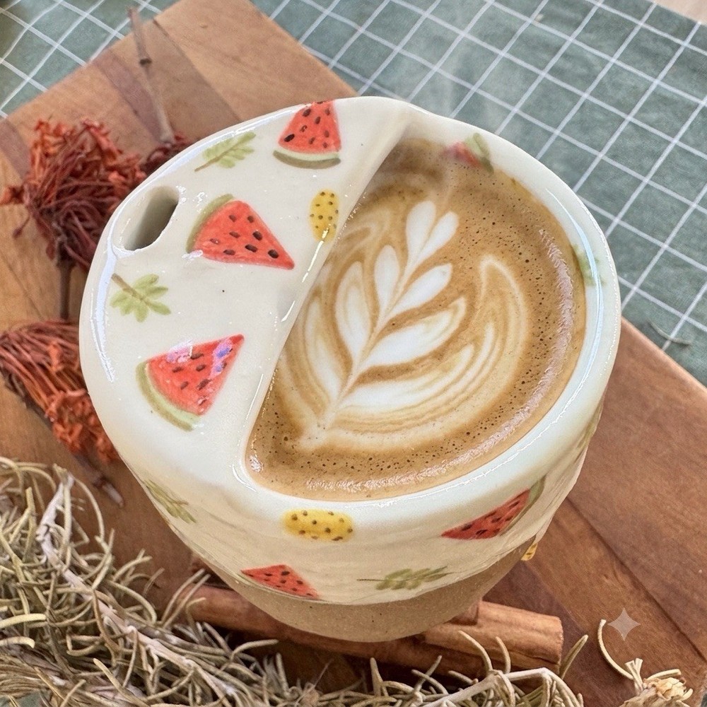 Handmade Ceramic Travel Mug | Hand-Painted Watermelon Design, Reusable To-Go Cup
