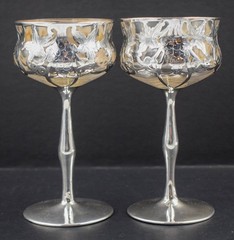 Pair of Heavy Silver Overlay Wine Glasses, Circa 1920