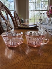 Pink Pressed Glass Teacups Set of 2 Ribbed Round Glossy Finish
