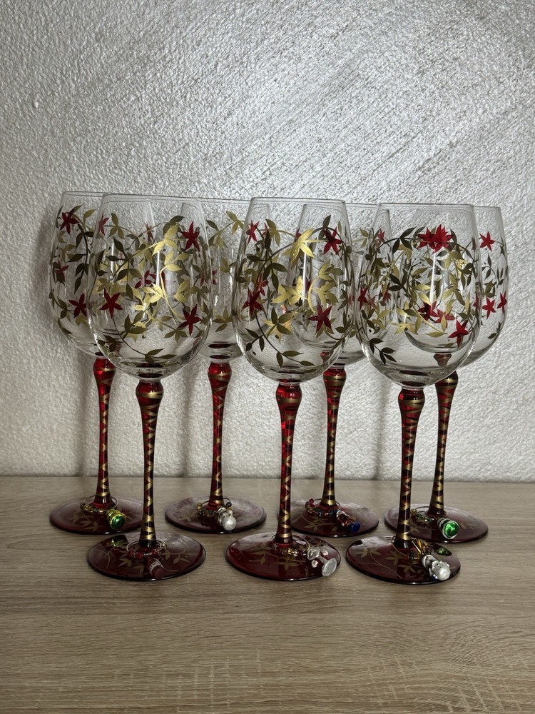 Pier 1 Hand Painted Floral Designe Gold Leaf Glass Water Goblet Set Of 7 Glasse